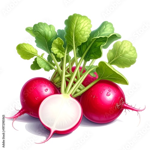 A vibrant illustration of three radishes with green leaves