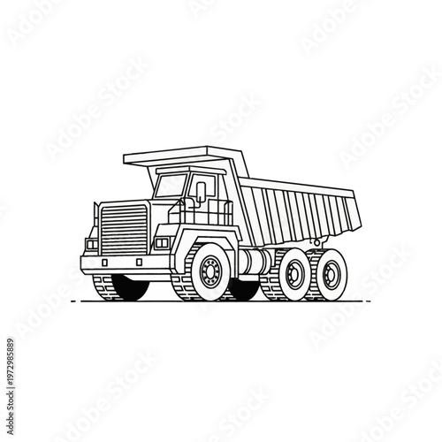 Heavy duty mining dump truck line art illustration isolated on white background. Clean black and white vector outline of an industrial haul truck for excavation and earthmoving work.
