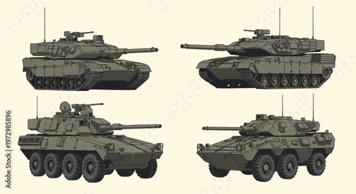 Set of four detailed vector illustrations of modern military armored vehicles featuring two main battle tanks on tracks and two armored fighting vehicles on wheels with rotating turrets.