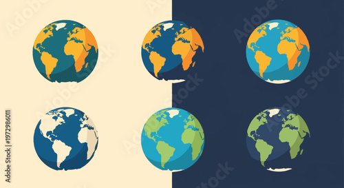 Set of six flat vector earth globes with different color palettes and simplified continents, arranged in a grid on a split light beige and dark navy blue background.