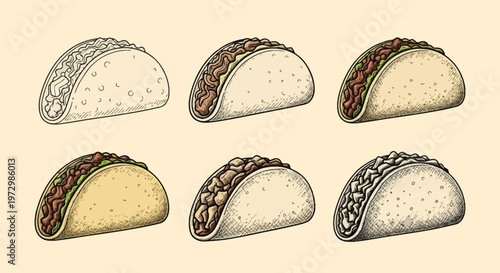Hand-drawn set of six tacos with various fillings including ground beef, steak, chicken, and lettuce in hard shells. Vintage engraving style illustration on a plain cream background.