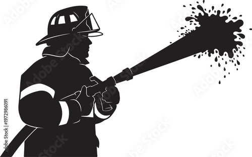 Firefighter spraying water from hose fireman silhouette