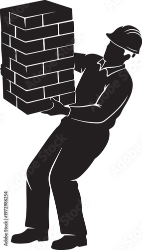 Man in hard hat carrying stack of bricks worker laborer