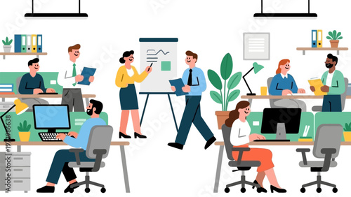 Office workers collaborating in a modern workspace.