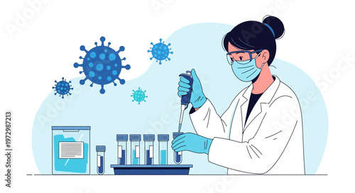 Scientist in protective gear conducts research with test tubes and virus models