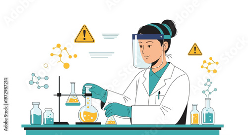 Scientist in protective gear conducts experiment with beakers and molecules in laboratory