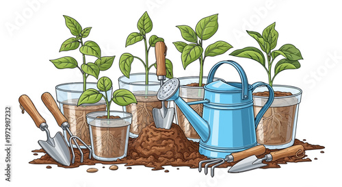 Gardening tools and young plants in pots, ready for planting and growth, depicting a nurturing and productive environment