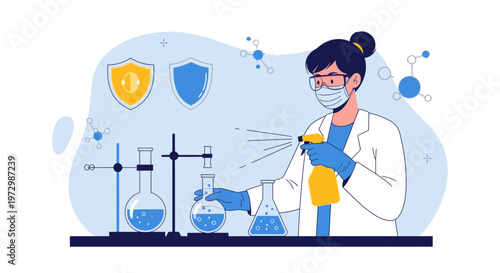 Scientist in protective gear spraying disinfectant in laboratory, research, protection