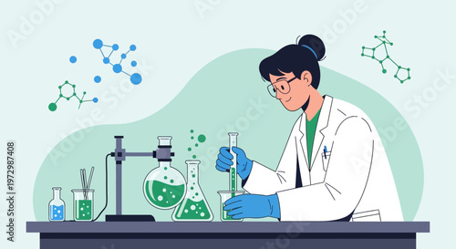 Scientist working in laboratory with chemical equipment and molecular structures