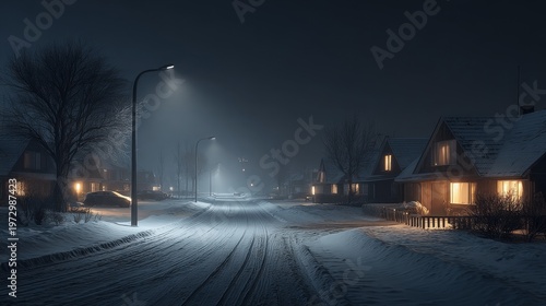 Snow-covered quiet suburban street at night with dark houses and crooked streetlamp, creating peaceful and melancholic winter solitude