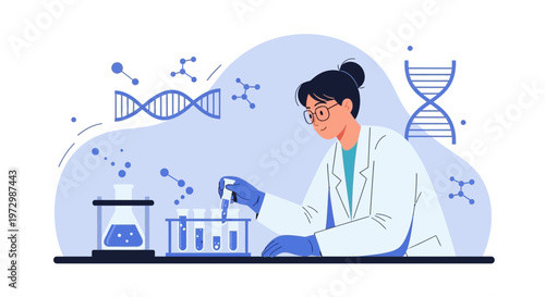 Scientist working in laboratory with DNA and molecules, science research concept