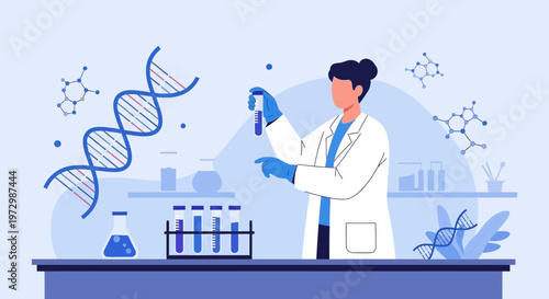 Scientist Working in Laboratory with DNA and Molecules, Science Research Concept