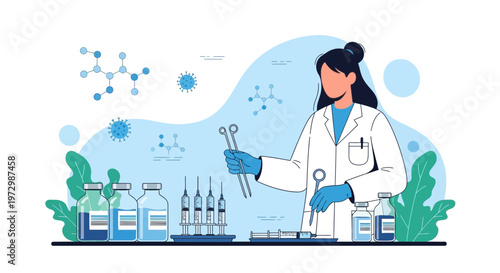 Scientist working in laboratory with medical equipment and virus molecules