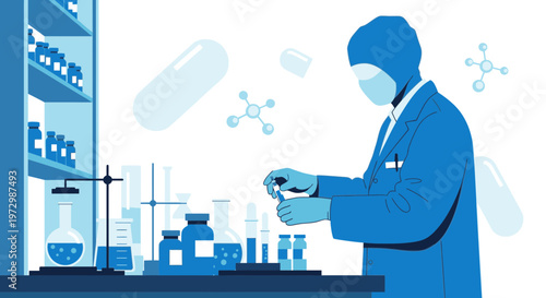 Scientist working in laboratory with test tubes and equipment, medical research concept