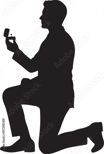 Man kneeling holding ring box proposal silhouette 1