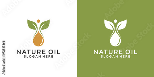 Nature Oil Logo Design with Leaf and Drop Symbol.