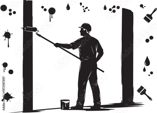 Man painting wall with roller and paint can painter