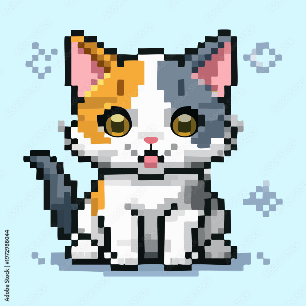 Obraz premium happy calico kitten with paws up pixel art illustration for celebratory game achievement icons and cute animal lover digital content