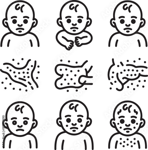 A comprehensive grid of nine outline icons showing a babys sad face and various skin conditions