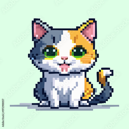 cheerful calico kitten sitting with tail up pixel art graphic for pet adoption websites and retro gaming character sprite sheets