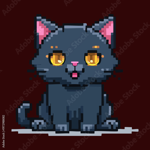sitting dark grey cat with bright eyes pixel art illustration for nocturnal game environments and vintage aesthetic pet lover graphics