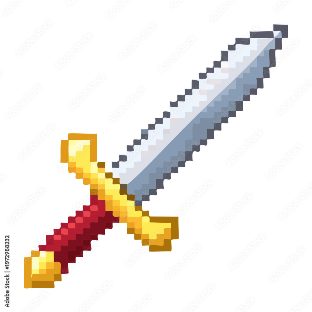 Fototapeta premium shiny silver sword pixel art illustration for warrior character equipment and combat item icons for retro style fantasy adventure games