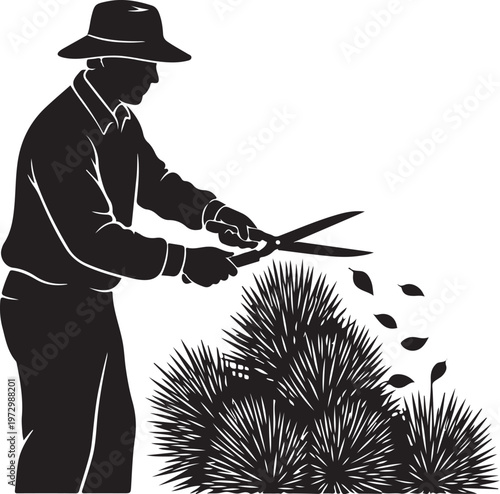 Man trimming bush with scissors person silhouette black