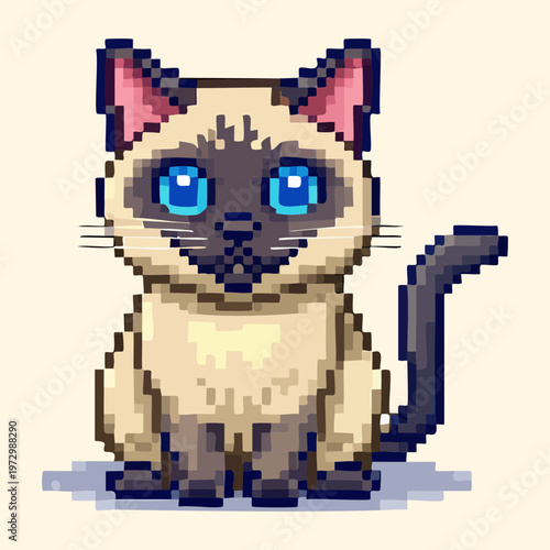 siamese cat sitting looking forward pixel art character for pet simulation games and cute animal companions for retro style digital projects