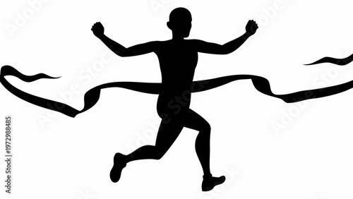 Runner breaks finish line in triumphant sprint black silhouette vector graphic