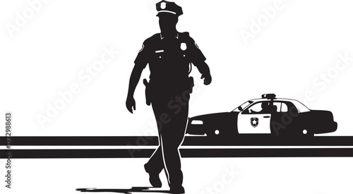 Police officer walking beside police car silhouette