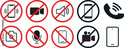 No mobile phone icon set. No Smartphone and Cell Phone Allowed Sign. creative smartphone prohibited and silent mode shapes.Warning red round sign, prohibited symbol.
