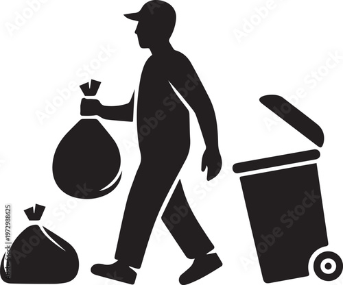 Garbage Collector Carrying Trash Bags Icon – Waste Management Silhouette Illustration