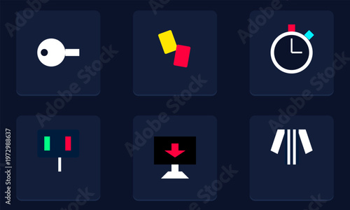 Hand-drawn minimalist icons soccer referee equipment featuring whistle red cards stopwatch substitution board and striped jersey authentic illustration
