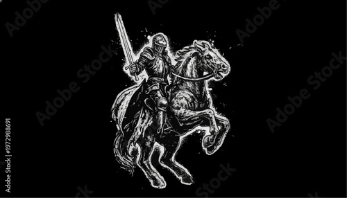 Monochrome Grunge Knight on Rearing Horse Sword Graphic. High-contrast distressed illustration of an armored knight riding a rearing horse and raising a sword. Vector t-shirt, street wear print