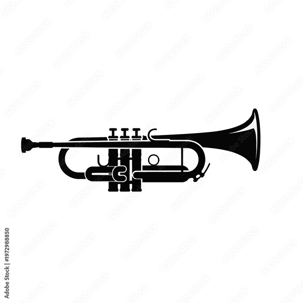 Naklejka premium Stylized black silhouette of a trumpet musical instrument isolated on a white background. Detailed side view of a brass wind horn showing valves, mouthpiece, and bell for jazz music.