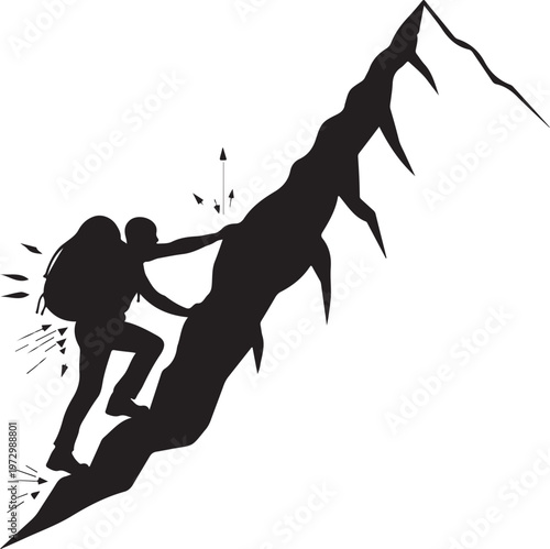 Silhouette of a hiker climbing a steep mountain black