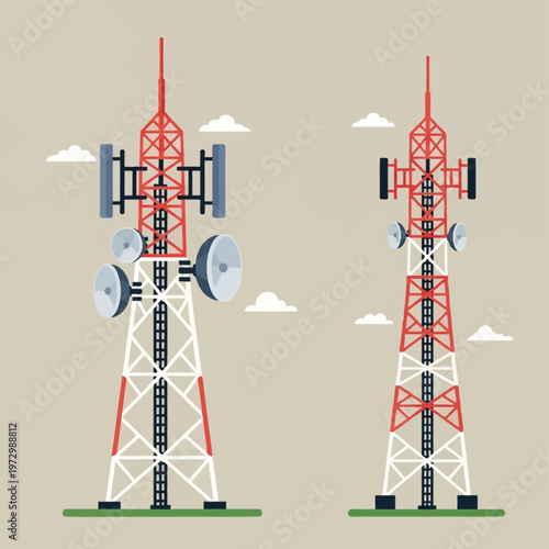 Flat vector illustration set of two red and white telecommunication towers with satellite dishes and antennas for mobile network and radio broadcasting on a neutral background.