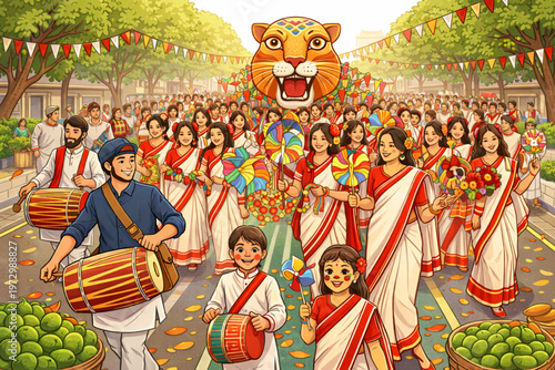 Pohela Boishakh Festival in Bangladesh, Bengali New Year Street Celebration with Mangal Shovajatra Vector Illustration