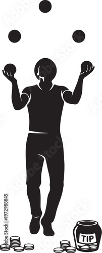 Silhouette of a person juggling coins with a tip jar