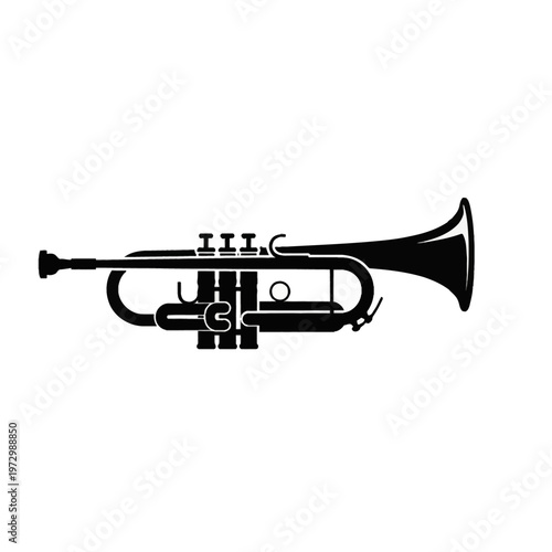 Stylized black silhouette of a trumpet musical instrument isolated on a white background. Detailed side view of a brass wind horn showing valves, mouthpiece, and bell for jazz music.