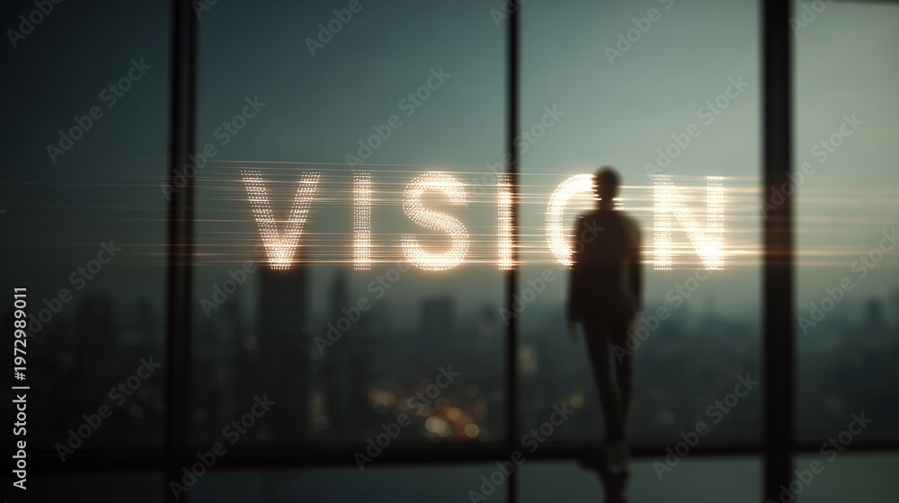 Fototapeta premium A silhouette of a person in formal attire stands by a large window, illuminated text spelling 'VISION' in the background.