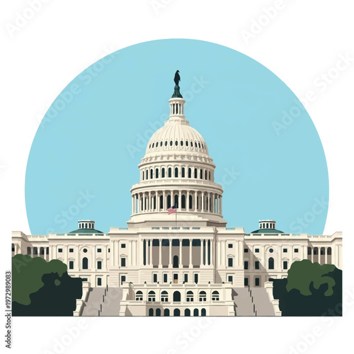 Vector illustration of the United States Capitol building in Washington D.C., featuring the iconic white neoclassical dome, columns, and American flag against a circular blue sky.