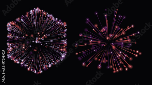 Abstract fireworks vector illustration, vibrant exploding light particles, festive celebration background, dynamic digital art for events and holidays