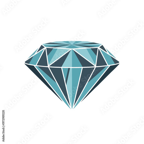 Vector illustration of a teal and blue brilliant-cut diamond gemstone featuring geometric facets, sharp edges, and white outlines, isolated on a solid white background.
