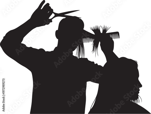Silhouette of hairdresser cutting woman's hair haircut