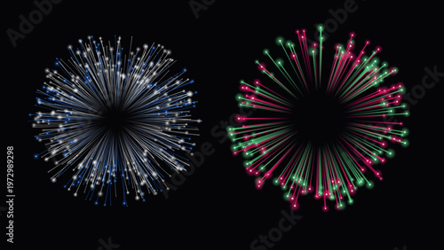 Vibrant fireworks display, two colorful explosions, festive celebration pyrotechnics, dynamic light burst vector illustration for events and holidays