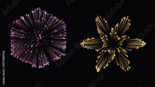 Abstract fireworks vector set, vibrant exploding light particles, festive celebration elements, dynamic burst of colorful sparks for event design.
