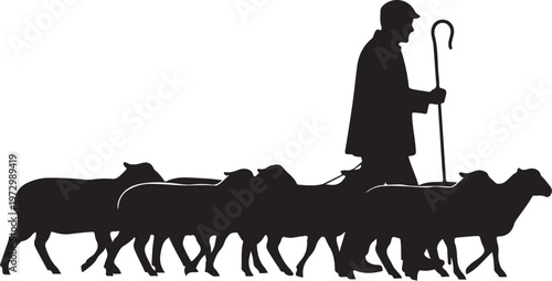 Silhouette of man herding sheep with shepherd's crook