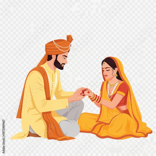 Vector illustration of an Indian bride and groom in traditional wedding attire sitting during a ceremony. Groom in yellow sherwani and orange turban holding the bride's hand.