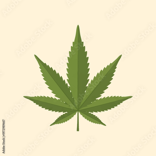 Single green cannabis sativa leaf illustration with seven serrated leaflets and central vein, isolated on a solid light cream background, stylized flat vector graphic design.
